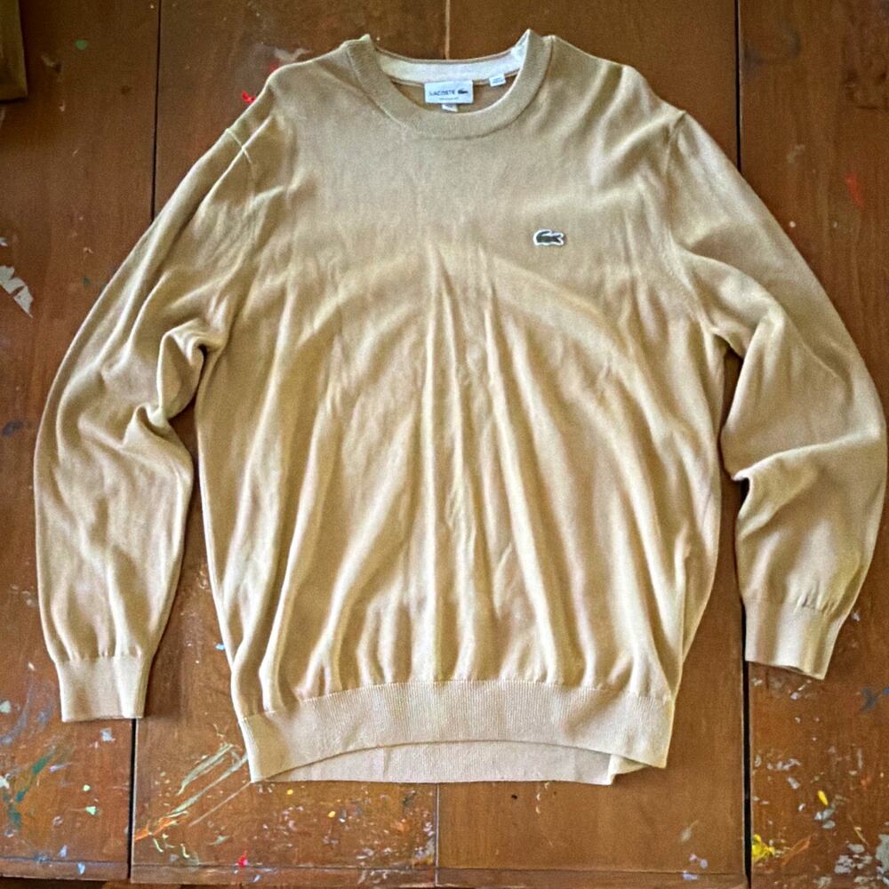 Lacoste Regular Fit Crew Neck Beige Cotton Knit Pullover Sweater Men's XL